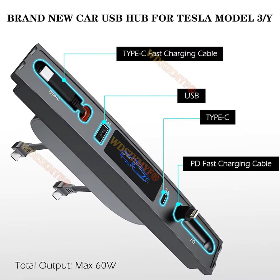 WDSZKMYF 4 in 1 USB-Ladegerät für Tesla Model 3 und Model Y mit einziehbarem Typ C Kabel, 27 W PD und QC 3.0, Schwarz - Bild 7