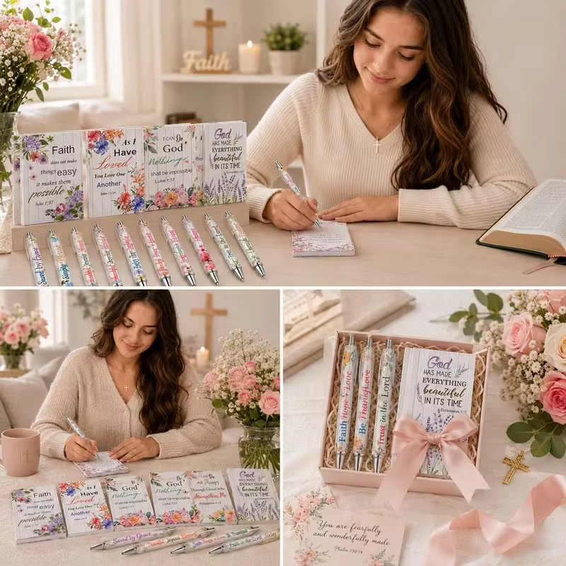 Christliches Geschenkset mit Bibelvers-Kugelschreiber und Mini-Notizbuch in Blumenmuster für Frauen, 20 oder 40-teilig, Mehrfarbig - Bild 2