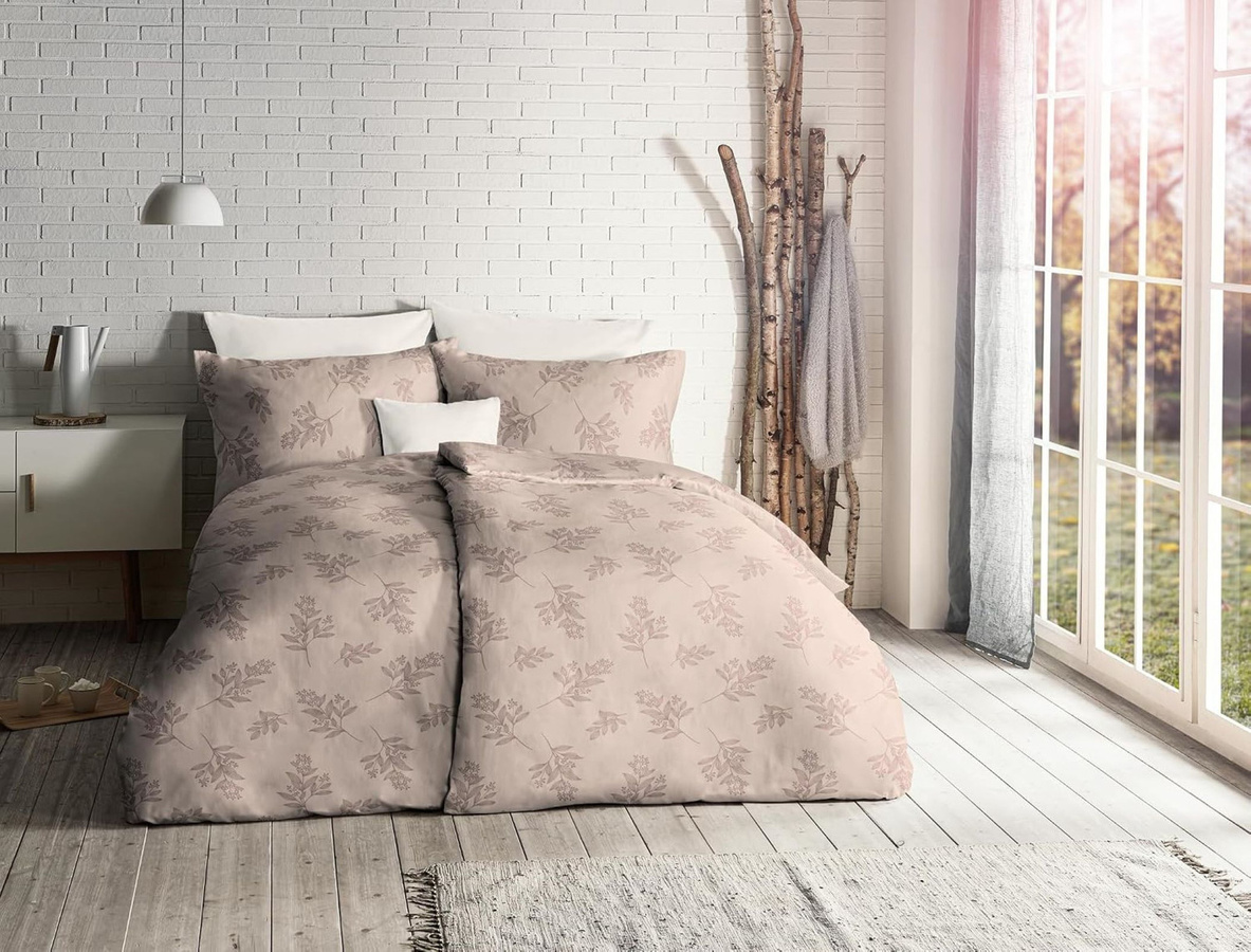 Fleuresse Lech Edelflanell Bettwäsche mit Zweige und Blätter Design in Sand Beige, B/T/H: 135 x 200 cm mit Kissenbezug 80 x 80 cm - Bild 1