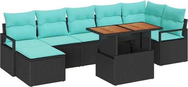 vidaXL Garten Essgruppe aus Poly-Rattan und Akazienholz mit 8 Teilen in Schwarz und Türkis - Bild 1