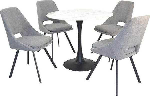 Möbel direkt online 5-teilige Tischgruppe mit rundem Esstisch in Marmoroptik und 4 Stühlen aus Sicherheitsglas und Metall in Schwarz oder Weiß