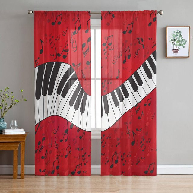 Yiran Furniture Transparentes Voile-Organza-Fenstervorhang mit Rockmusik-Gitarren-Design, Rot, Breite: 135 cm, Höhe: 115 cm - Bild 1