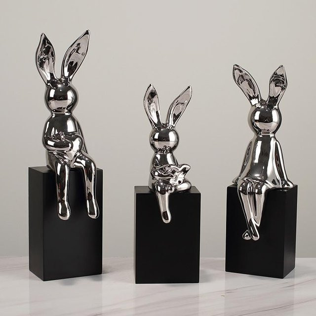 Yiran Furniture Keramik-Dekofigur Langohriger Hase in sitzender Haltung, Gold und Silber, Modern und schlicht - Bild 1
