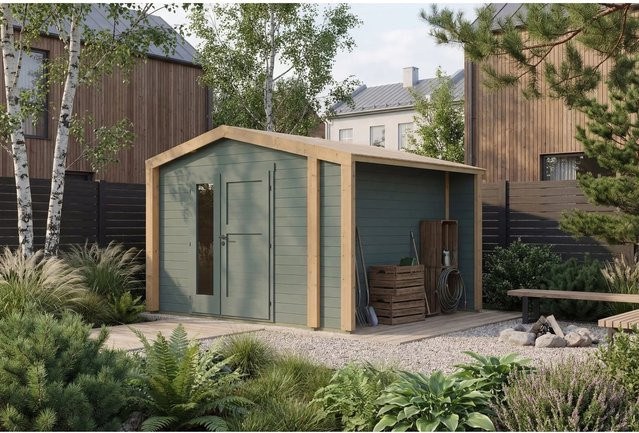 Weka Holz-Gartenhaus Killarney mit Satteldach in Grau-Grün lasiert, B: 361 cm, T: 313 cm - Bild 1