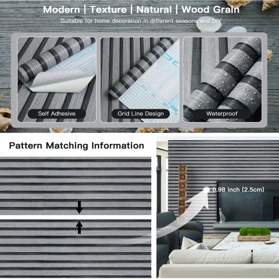 Selbstklebende PVC-Tapete von Luck Amy in Schwarz-Grau mit Holzmaserung-Imitation im orientalischen Stil, wasserdicht zur Wanddekoration - Bild 4
