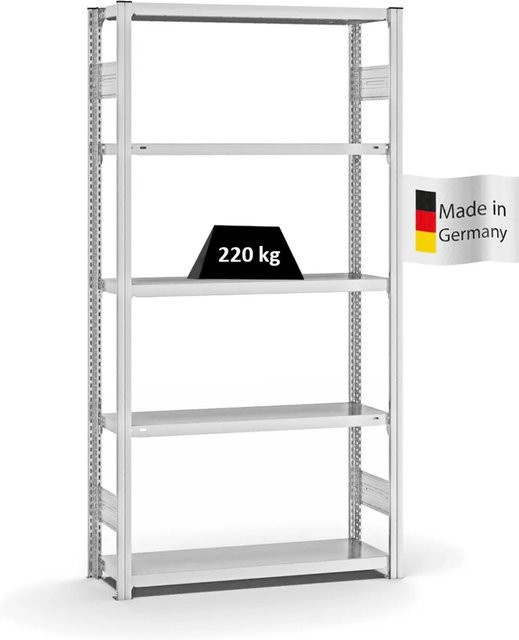 PROREGAL Fachbodenregal Stecksystem T-Profil Medium-Duty Grundregal, Lichtgrau, H x B x T: 200 x 100 x 30 cm, 5 Ebenen, Fachlast 220 kg, beidseitig nutzbar - Bild 1