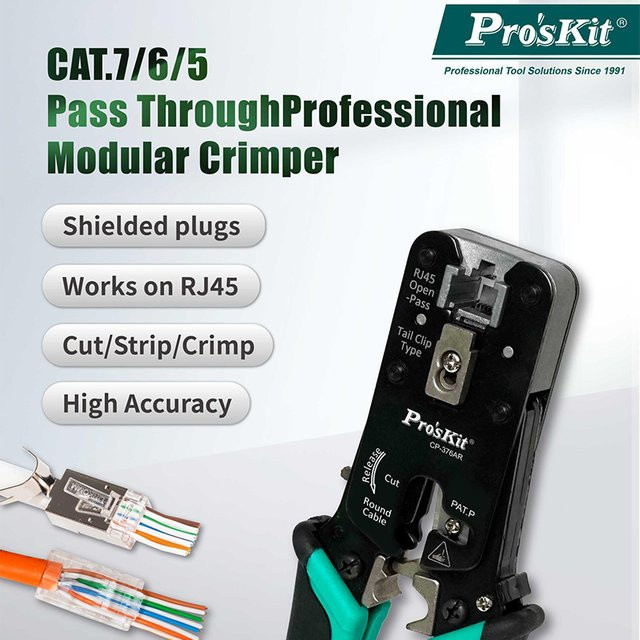 Pro'skit CP-376AR 3-in-1 Netzwerk-Crimpzange für CAT.7/6/5 Ethernet/LAN Kabel: Schneiden, Abisolieren und Crimpen - Bild 1