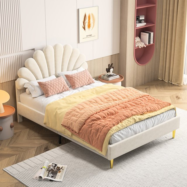 Anajqaqia Polster-Doppelbett mit blumenförmigem Kopfteil für Kinder und Schlafzimmer, Rot/Beige, B: 90 cm, T: 200 cm - Bild 1