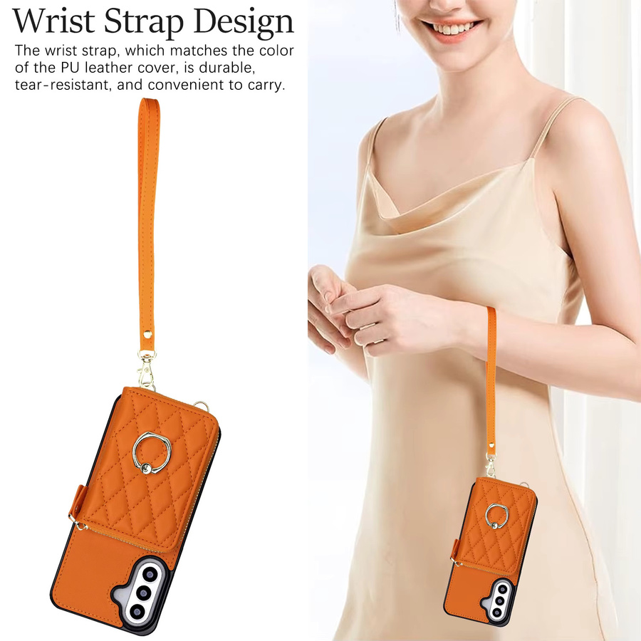 Crossbody Lanyard Kartenetui mit Reißverschluss und Lederhülle für Samsung Galaxy S26 Ultra S25 S24 S23 S22 A06 A36 mit Standfunktion in Purple und Orange - Bild 4