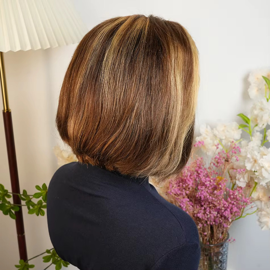 OYM HAIR Perücke, braun blonde Highlight-Bob, Remy-Echthaar, Damen - Bild 2