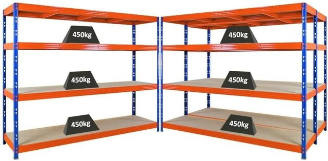 3er Set PROREGAL Rhino Profi Schwerlastregal mit 4 verstellbaren Spanplatten-Ebenen, Blau/Orange, H x B x T: 180 x 240 x 60 cm - Bild 1
