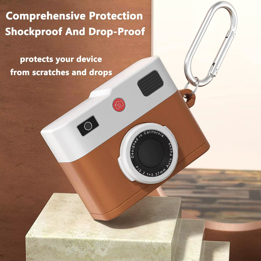 Silikon Schutzhülle im 3D-Retro-Kamera-Design für Apple AirPods Pro 3 inklusive Reinigungswerkzeug und Karabiner in Orange und Braun - Bild 2
