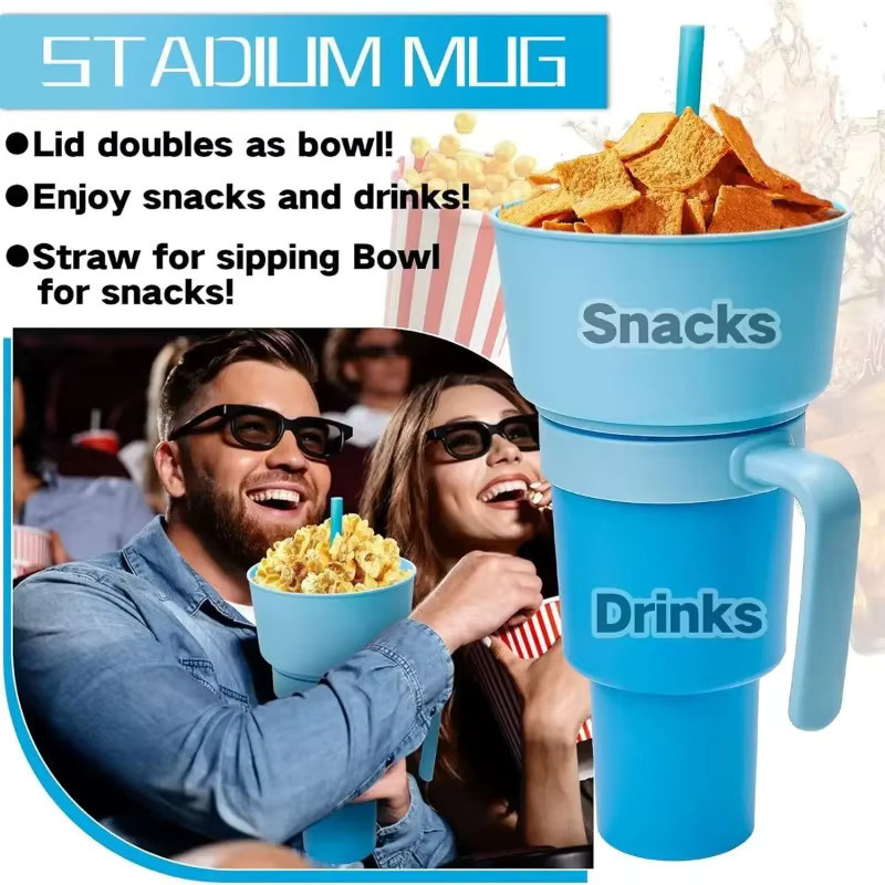 2-in-1 Popcorn-Snackbecher und Getränkebecher mit Griff in Blau, tragbares Design mit B/T/H: 26,0 x 14,0 cm - Bild 2