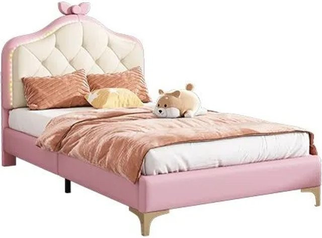 PXloue Polsterbett Einzelbett für Kinder in Rosa mit Schleife und LED-Unterbettbeleuchtung, B/T/H: 90 x 200 x 136 cm - Bild 1