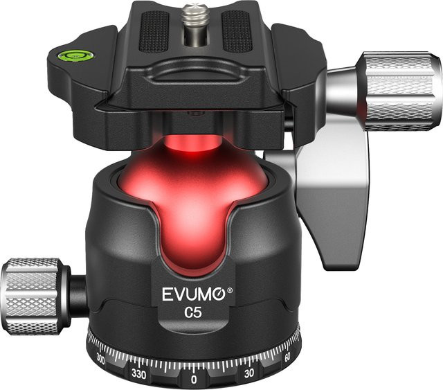 EVUMO C5 Professioneller Kugelkopf in Schwarz mit 38 mm Kugeldurchmesser, 360 Grad Panorama-Funktion, Low-Profile Design und Arca Swiss-Platte für deine Kamera - Bild 1