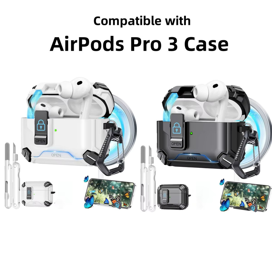 Schutzhülle für Apple AirPods 4 Gen und AirPods Pro 2/3 mit Sicherheitsschloss und Telefonständer, stoßfeste und kratzfeste Abdeckung in Weiß - Bild 5