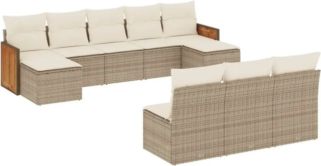 vidaXL 10-teilige Garten-Sofagarnitur aus Poly-Rattan und Akazienholz in Beige-Creme mit Kissen - Bild 1