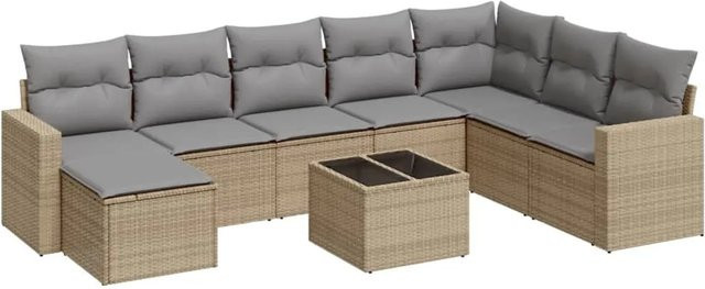 vidaXL 9-tlg. Garten-Sofagarnitur in L-Form aus Poly-Rattan mit Kissen in Beige und Hellgrau - Bild 1