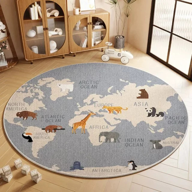 VIKAMA Runder Kinderzimmer Teppich mit Weltkarte und Tiermuster, Rutschfeste Spielmatte für Schlafzimmer, Mehrfarbig, Durchmesser: 80 cm - Bild 1