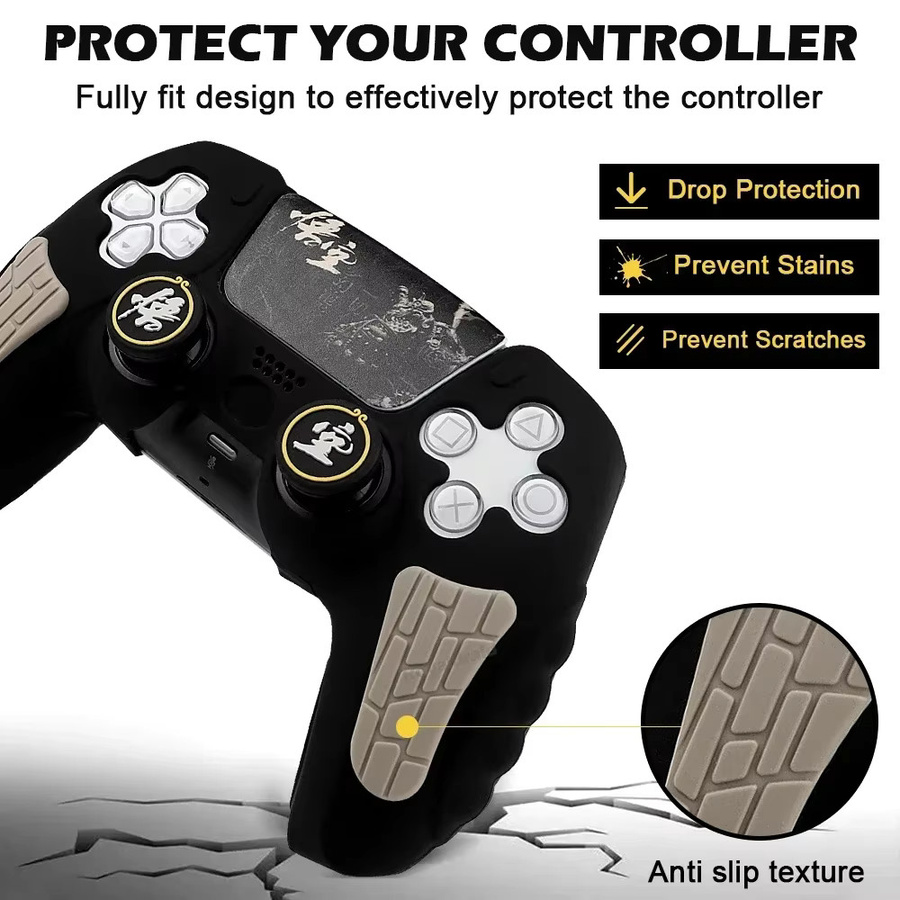 Ispoofer Silikon-Schutzhülle für PlayStation PS5-Gamepad-Controller in Schwarz mit Daumenstick-Griffkappen und Touchpad-Aufkleber - Bild 5