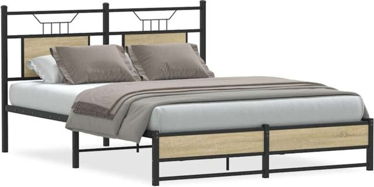 Bettgestell Einzelbett Vidaxl aus Holzwerkstoff und Stahl in Eiche Natur Braun B/T/H: 140 x 190 cm - Bild 1