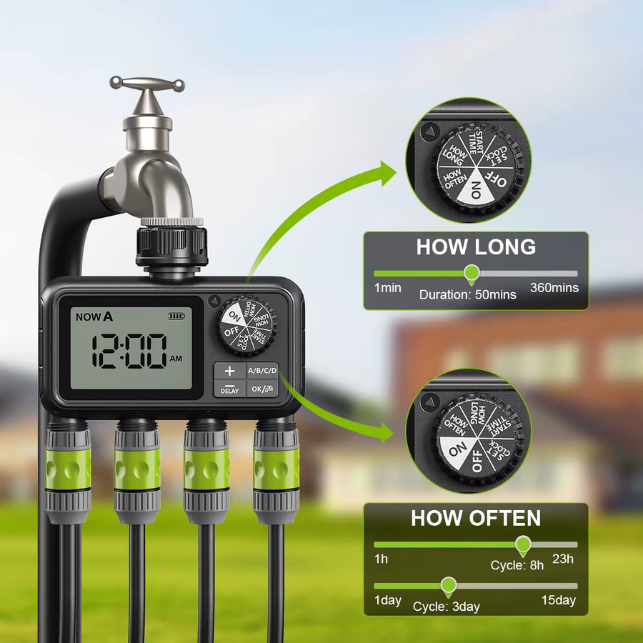 Eshico Digitaler Bewässerungstimer HCT-M09 in Schwarz mit 4-Zonen-Ausgang, IPX5 Wasserdichtigkeit und Regenverzögerung für die automatische Großflächenbewässerung - Bild 4