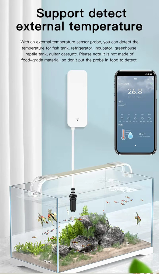 Tuya WiFi Temperatur-Feuchtigkeitssensor mit externer Sonde in Weiß zur App-Steuerung für Kühlschrank und Aquarium - Bild 2