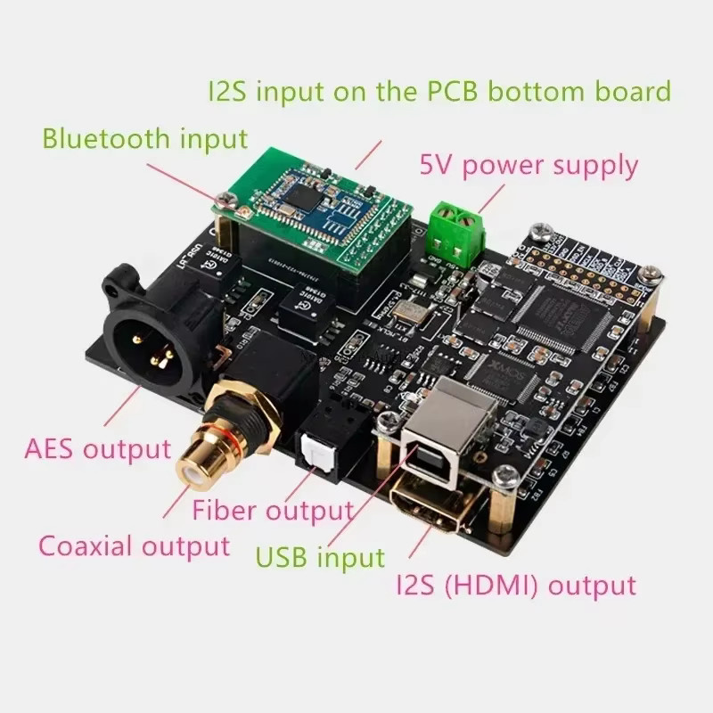 QCC5125 Bluetooth 5.1 Digitale Audio Ausgangsmodul mit I2S, Koaxial, Faser, SPDIF, AES und USB Schnittstelle in Schwarz - Bild 3