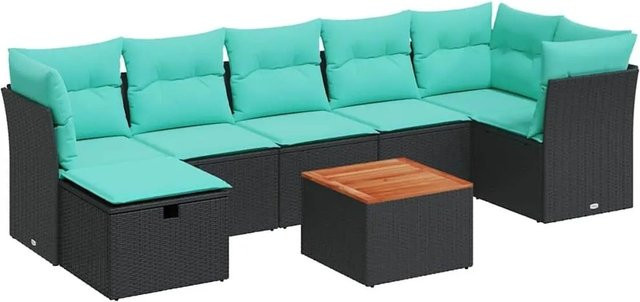 vidaXL 8-tlg Garten-Sofagarnitur in L-Form aus schwarzem Poly-Rattan mit Kissen und pulverbeschichtetem Stahlgestell - Bild 1
