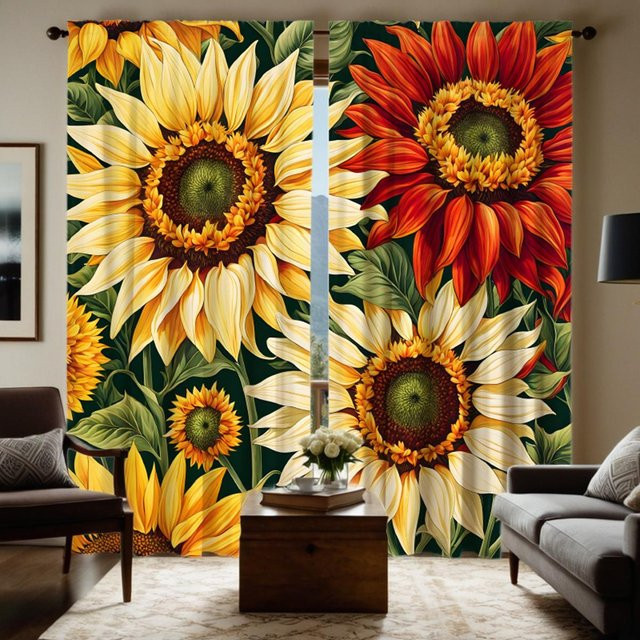2er-Set dekorative Vorhänge mit Sonnenblumen-Print in Gelb und Beige, floraler Digitaldruck, B: 132 cm, H: 160 cm - Bild 1