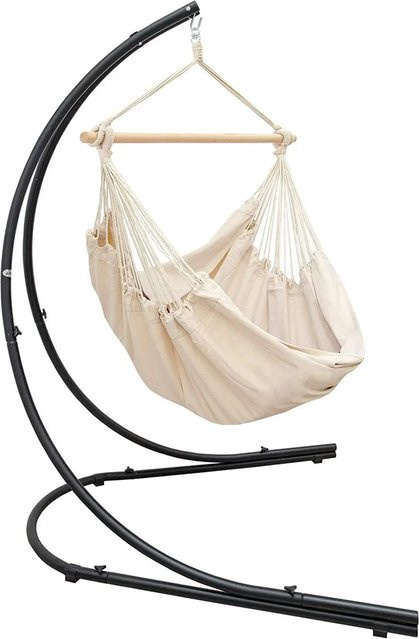 AMANKA Hängesesselgestell mit XXL Hängesessel aus Baumwolle in Beige, Standmodell mit 360 Grad Drehung und Metallrahmen, H x B x T: 210 x 140 x 120 cm - Bild 1