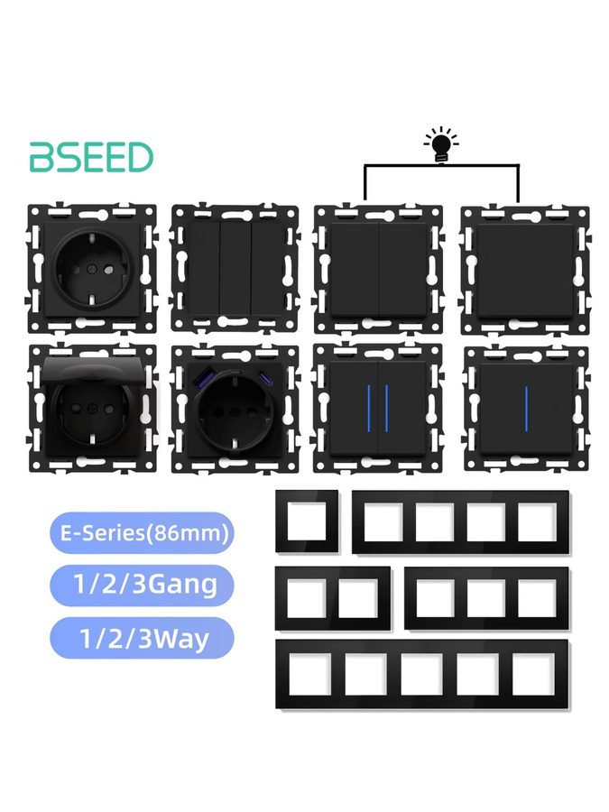 BSEED E-Serie Schaltermodule und Wandsteckdosen Kombination, 1/2/3-fach Drucktastenschalter mit Anzeigeleuchte, Schwarz, Breite: 8,6 cm - Bild 5