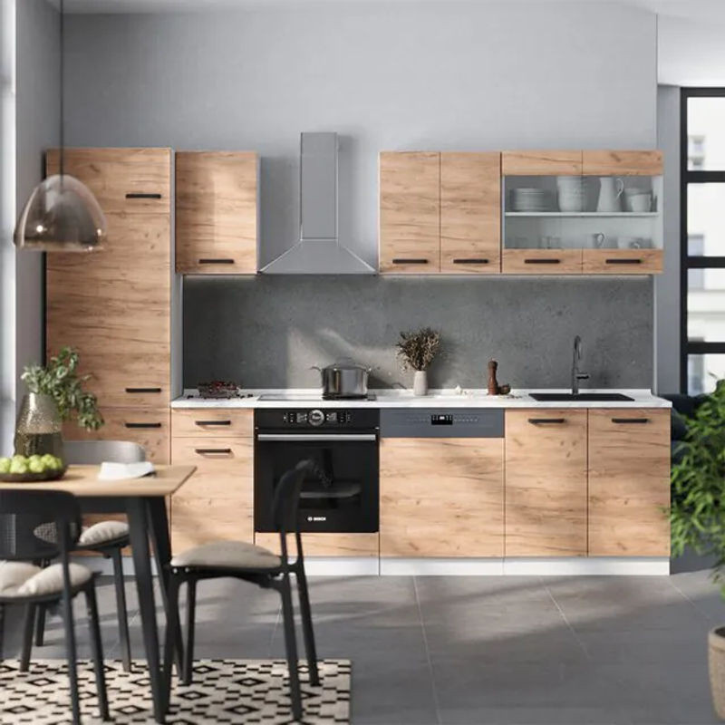 Vicco Küchenzeile R-line in Goldkraft Eiche und Weiß mit Marmor-Optik, Breite: 300 cm - Bild 1
