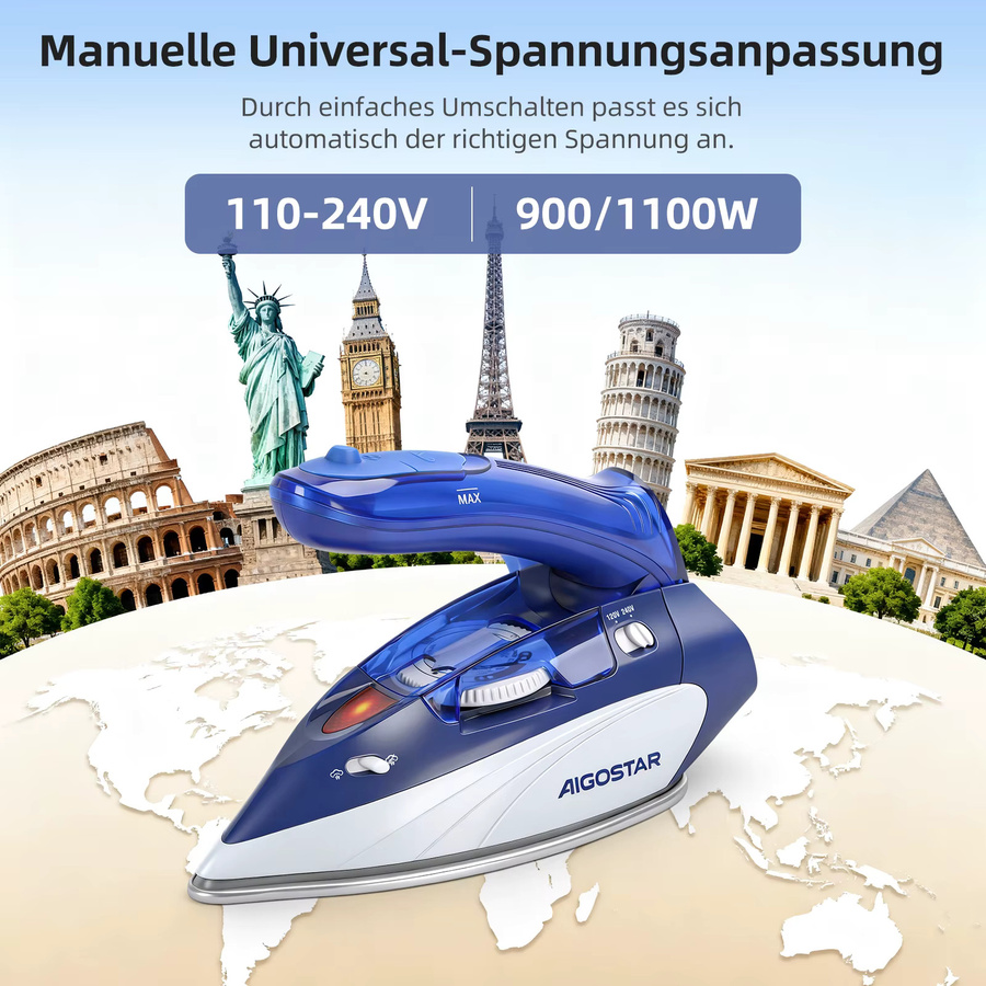 Aigostar Reise-Dampfbügeleisen in Blau mit 1100W, faltbarer Griff, 80ml Wassertank und mehreren Temperaturstufen - Bild 3