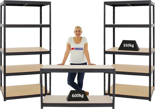 PROREGAL Set aus 2x Schwerlastregal Slim Elephant M und 1x höhenverstellbarer Werkbank Big Dino in Schwarz, H: 180 cm, B: 90 cm, T: 60 cm & H: 90 cm, B: 160 cm, T: 60 cm - Bild 1