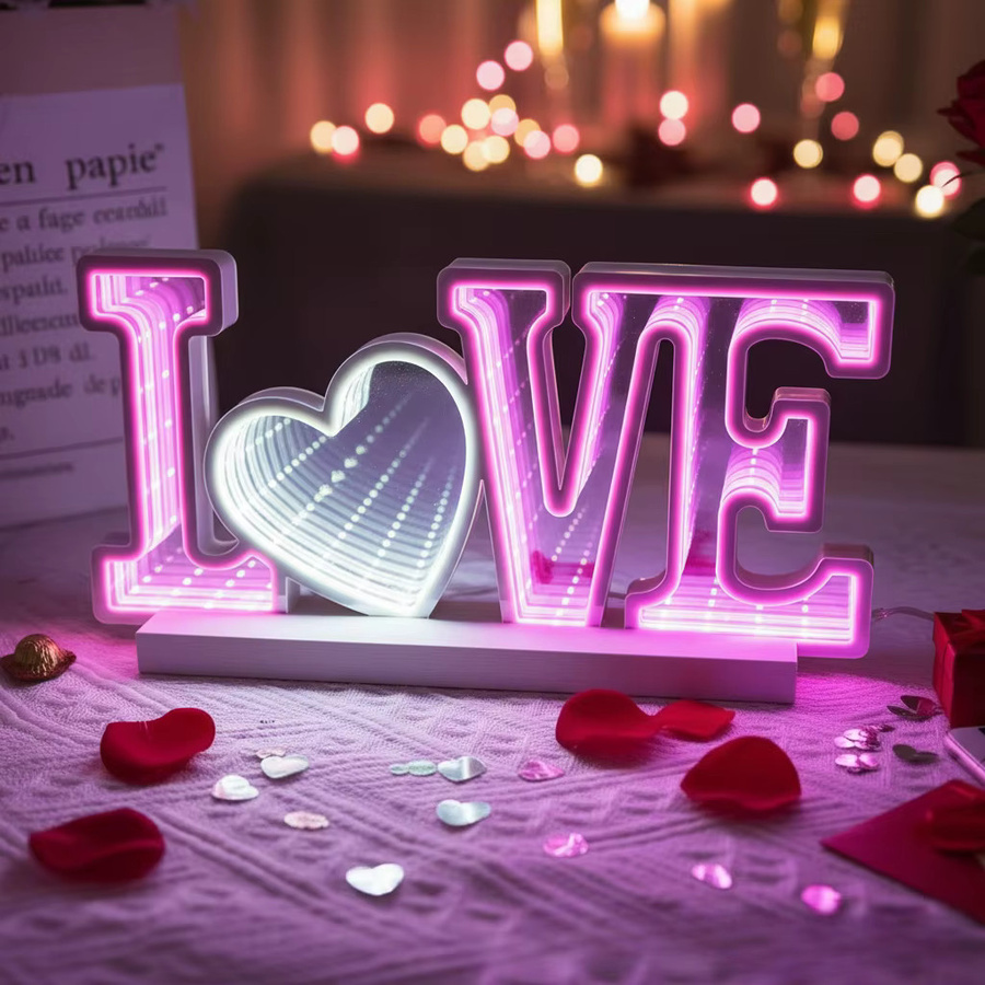 Love 3D-Spiegel-LED-Schild in Hot Pink und Weiß mit USB-Anschluss und Schalter zur Dekoration für Schlafzimmer und Wohnzimmer - Bild 3