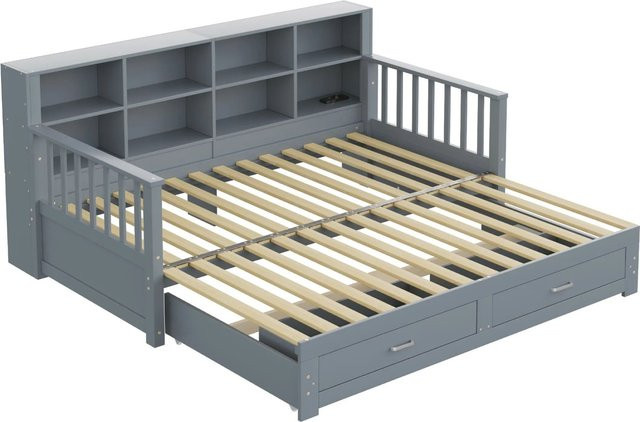 KOMHTOM Multifunktionales Ausziehbares Schlafsofa in Grau mit Stauschrank, Ladesteckdose, 2 Schubladen und Lattenrost aus Kiefernholz, B/T/H: 190 x 90 x 117 cm - Bild 1