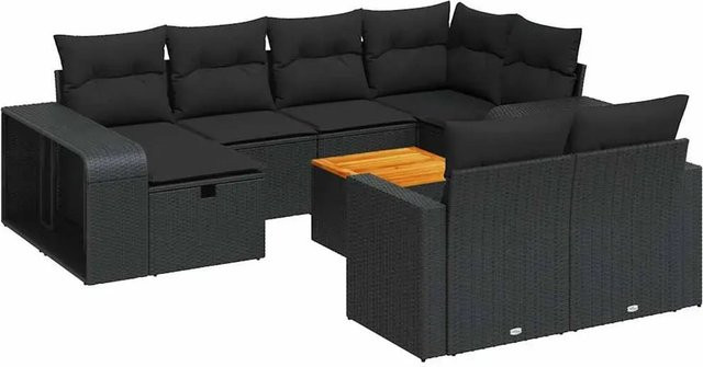 vidaXL 11-teilige Garten-Sofagarnitur in L-Form aus schwarzem Poly-Rattan mit wetterfesten Kissen und pulverbeschichtetem Stahlgestell - Bild 1