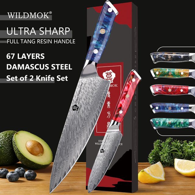 WILDMOK 2-teiliges Damaszener Stahlmesser-Set aus 67 Lagen VG10 Stahl mit ergonomischem Kunstharzgriff in Orange - Bild 1
