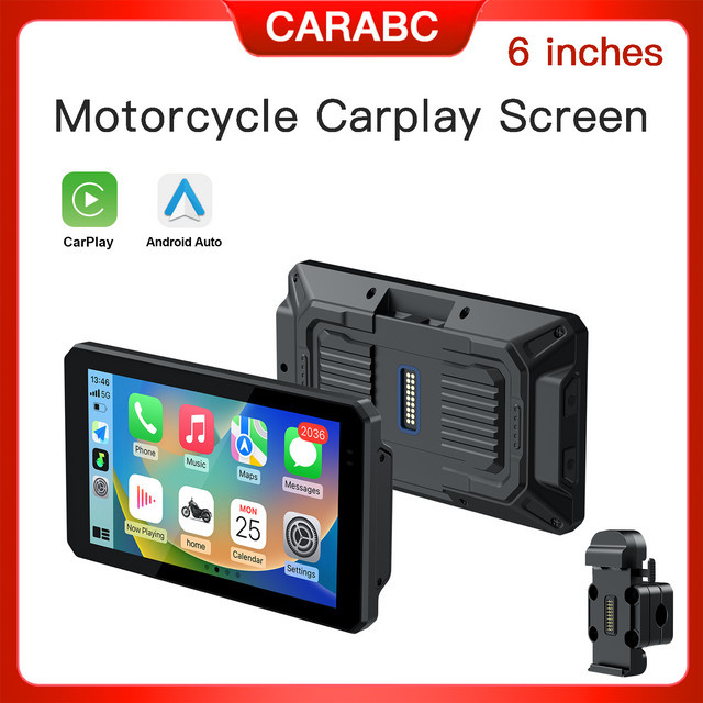 CARABC 6 Zoll Motorrad-CarPlay-Bildschirm mit Android Auto, Bluetooth und GPS-Navigation, IPX68 wasserdicht, Schwarz - Bild 1