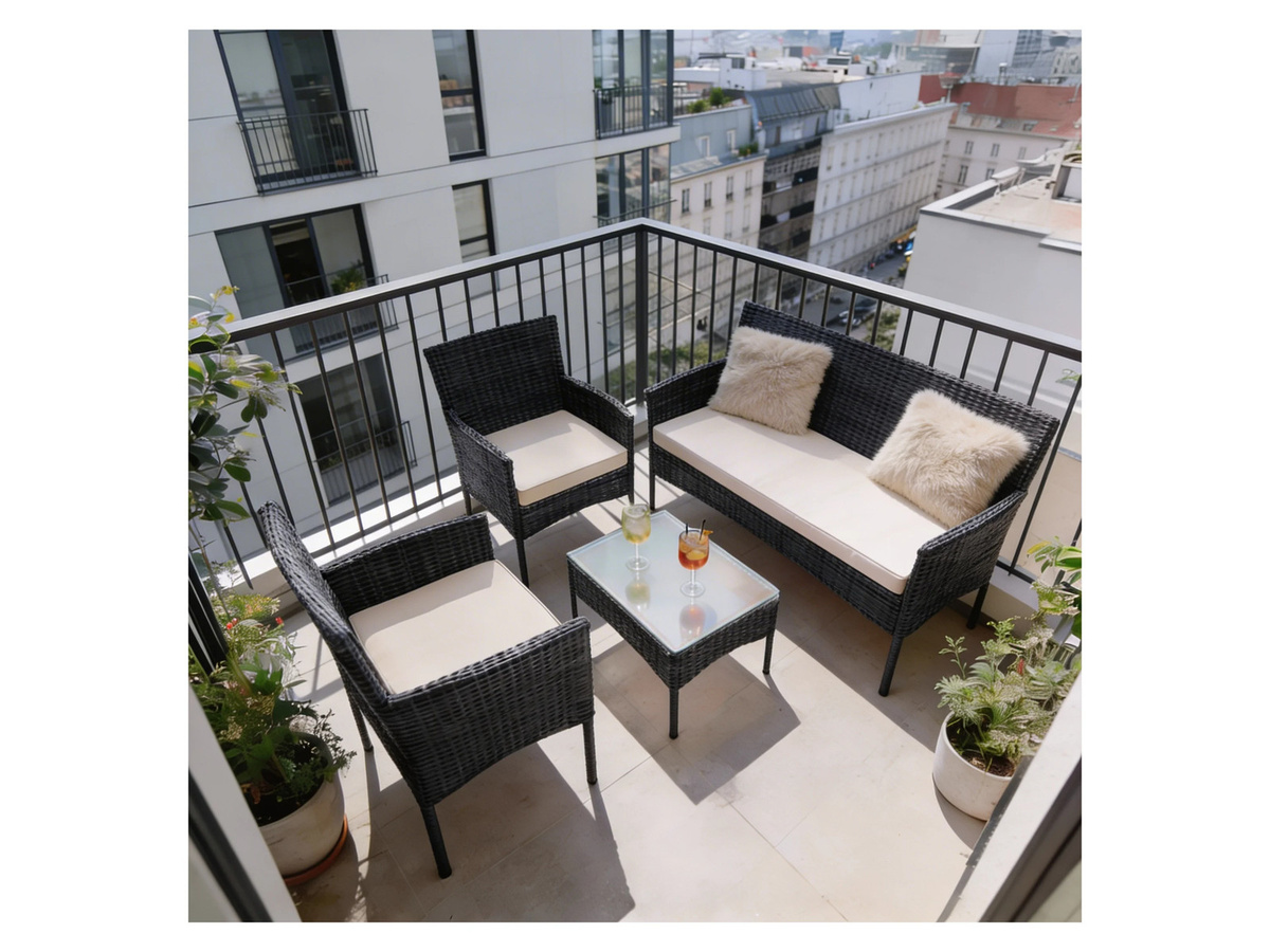 Juskys Polyrattan Gartenmöbel-Set Fort Myers in Schwarz mit Tisch, Sofa, 2 Stühlen und Auflagen in Cremeweiß - Bild 2
