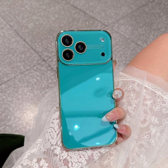 YULIN Handyhülle aus gehärtetem Glas für iPhone 14, 15, 16, 17 Pro Max in Turquoise, stoßfeste Rückseite mit galvanisiertem Stoßfänger - Bild 1