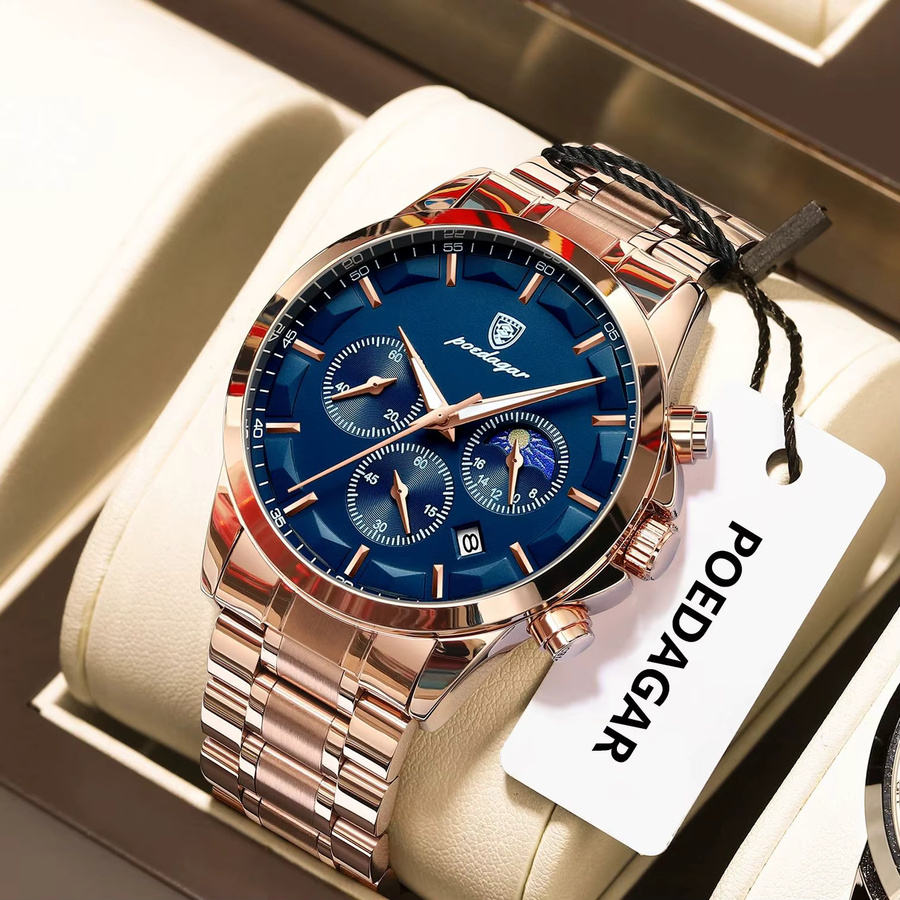 POEDAGAR Armbanduhr Chronograph, Quarz, Edelstahl, Schwarz, Herren - Bild 1