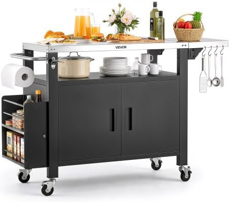 VEVOR Outdoor Grill Cart mit Edelstahlplatte und Stauraumschrank in Schwarz, Mobile Kücheninsel mit Rollen für Garten und Terrasse, B/T/H: 140 x 46 x 90,2 cm