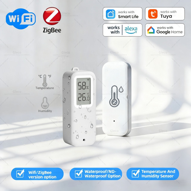 Tuya Smart Home Temperatur- und Feuchtigkeitssensor mit WLAN oder Zigbee, wasserdichtes Thermometer und Hygrometer in Weiß zur App-Steuerung via Smart Life App - Bild 1