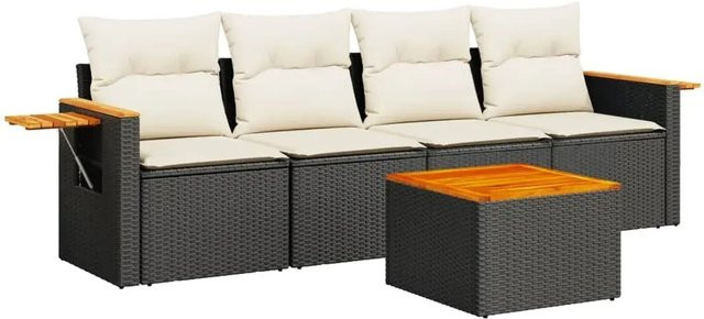 vidaXL 5-teilige Garten-Sofagarnitur aus Poly-Rattan und Akazienholz in Schwarz mit Kissen und Tisch - Bild 1