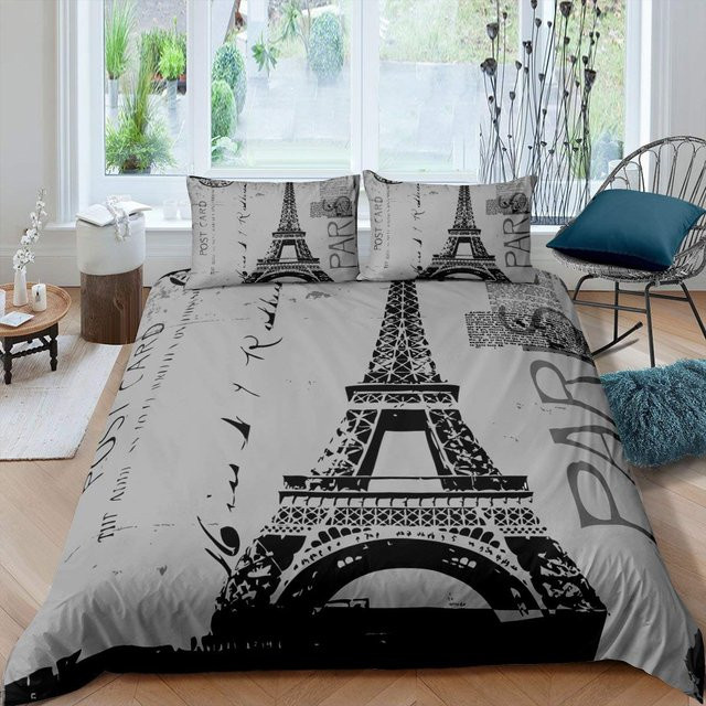 Bettwäsche-Set Your Warm Home Eiffelturm-Design in Grau mit Bettbezug und Kissenbezügen aus Polyester, B/H: 135 x 200 cm, Kissenbezüge: 50 x 70 cm - Bild 1