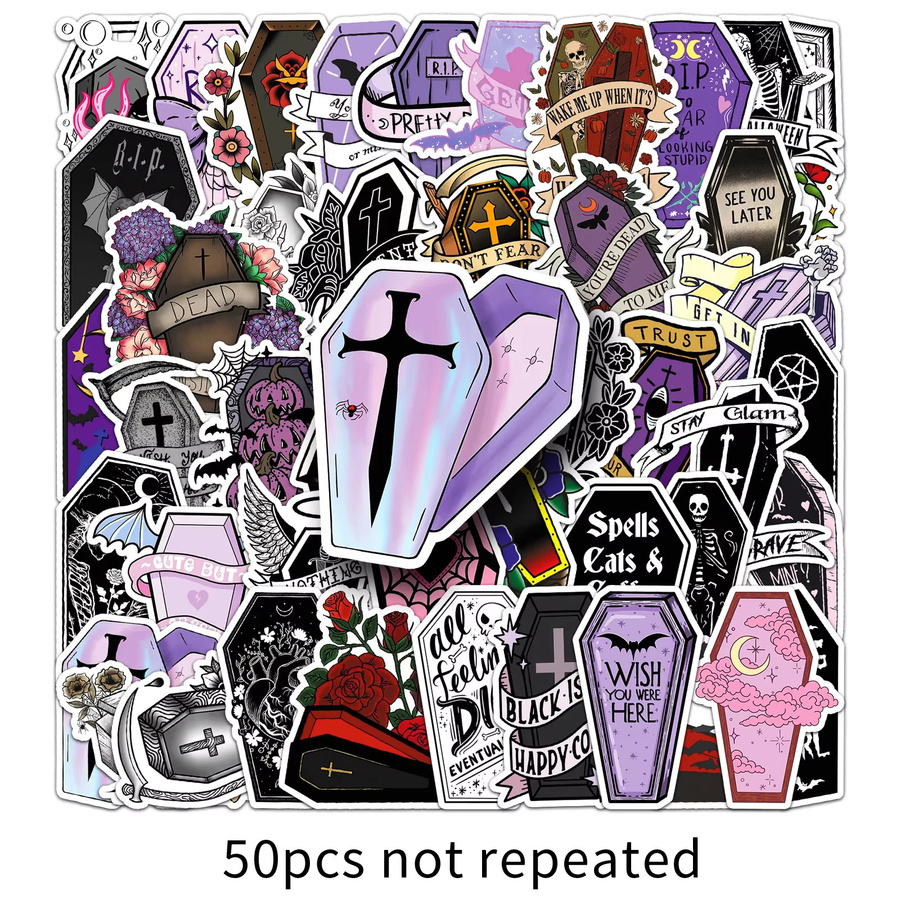 50 Stück GOGOTU Gothic Halloween Aufkleber im Vampir-Sarg-Stil, wasserfeste PVC Sticker für Skateboard, Notebook und DIY-Dekoration, Mehrfarbig - Bild 4