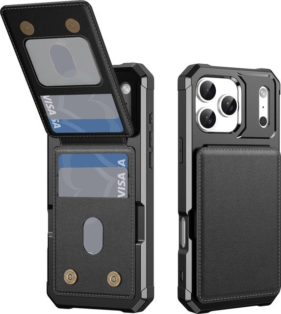 WeFor Brieftaschenhülle für iPhone 17 Pro Max, iPhone 17 Air, iPhone 17 Pro und iPhone 17 mit Kartenfächern, Magnetverschluss und Ständerfunktion, TPU-Stoßstangen-Schutzhülle in Schwarz und Silber - Bild 1