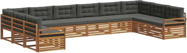 vidaXL Sofagarnitur aus Massivholz Akazie in Natur und Anthrazit, 10-teiliges Set mit Polstern und Kissen im modernen Latten-Design - Bild 1